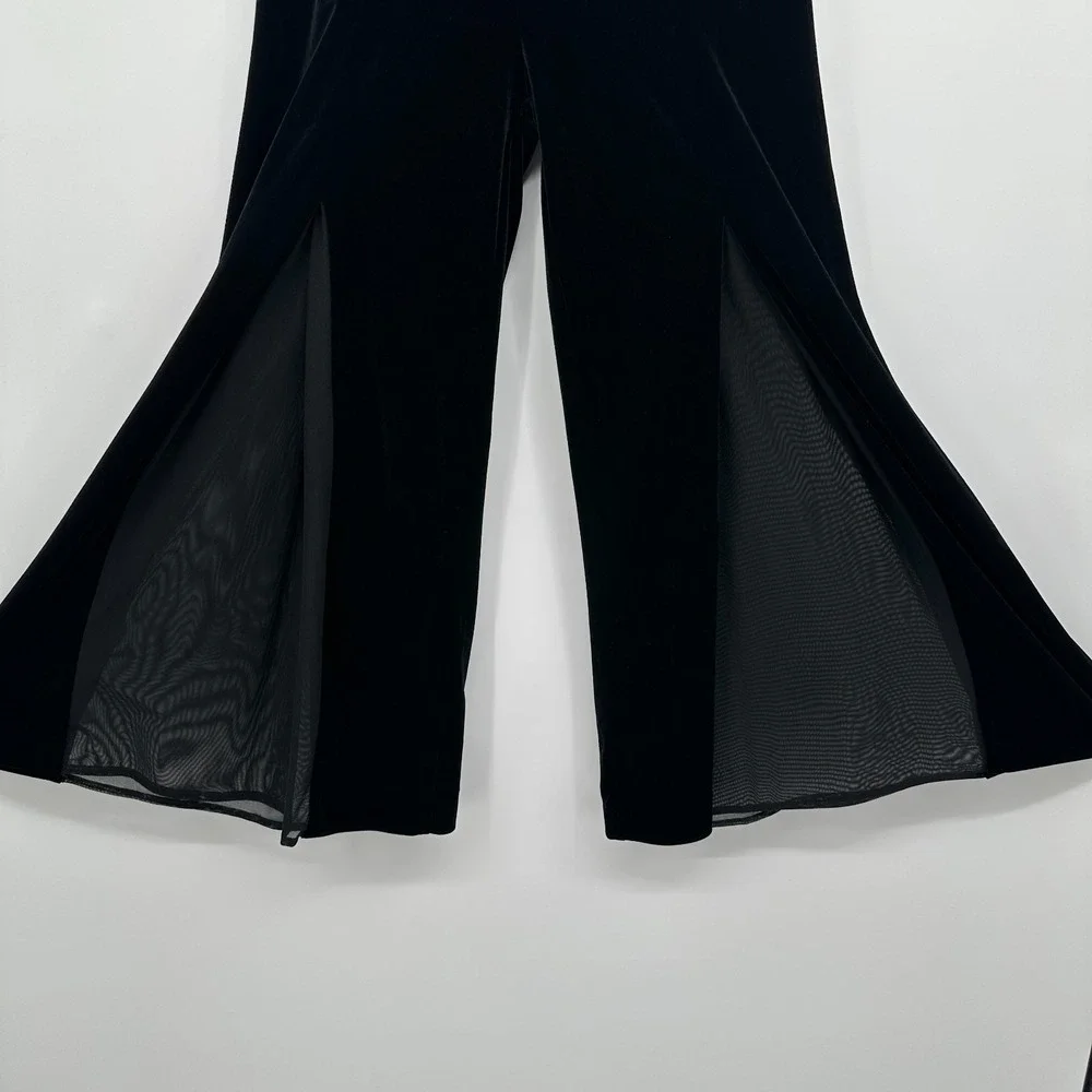 XSCAPE Joanna‎ Chen Pants Size 6 Black Velvet Chiffon Stretch Palazzo Wide Leg